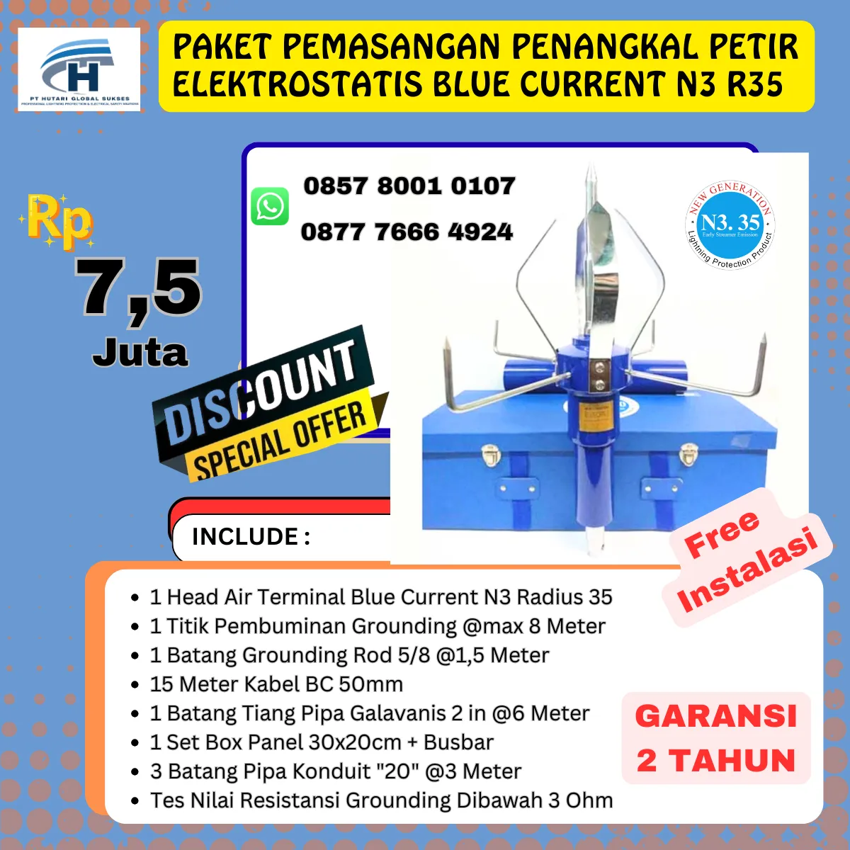 paket penangkal petir elektrostatis blue current radius 35 meter
