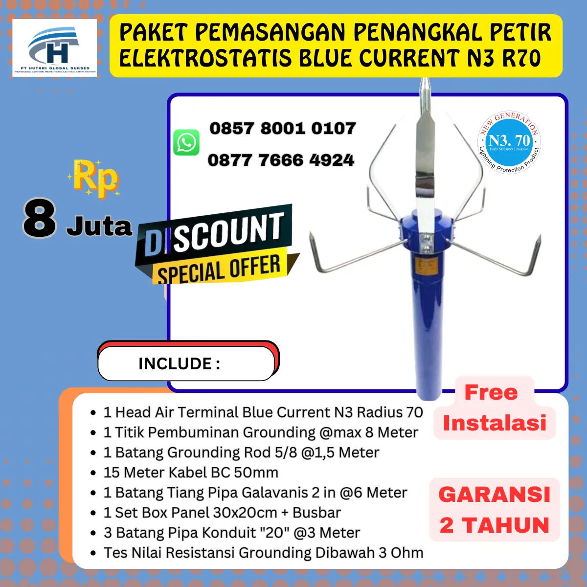 paket penangkal petir elektrostatis blue current radius 70 meter