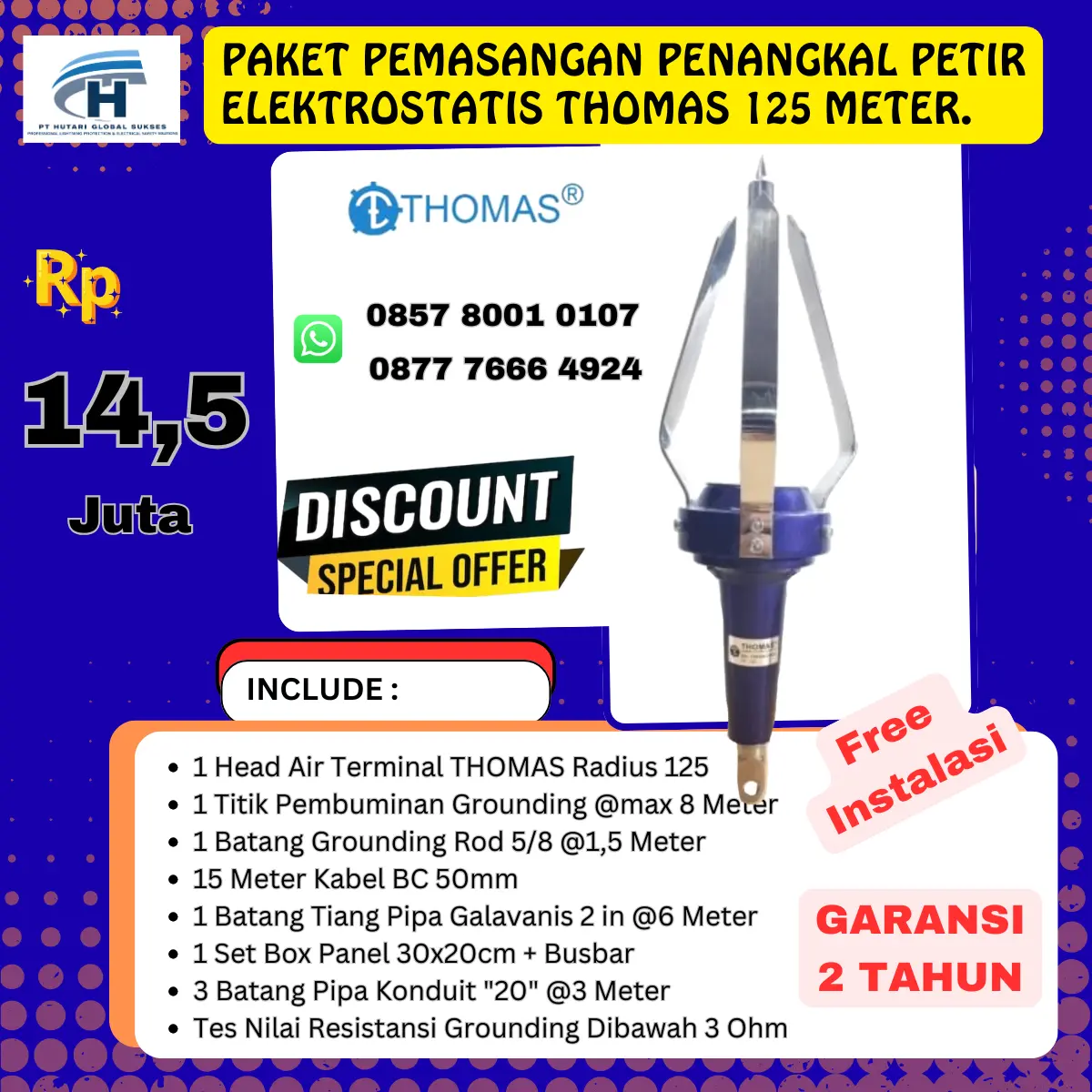 paket penangkal petir elektrostatis thomas radius 125 meter