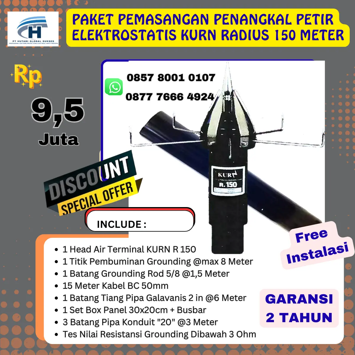 paket penangkal petir elektrostatis kurn radius 150 meter