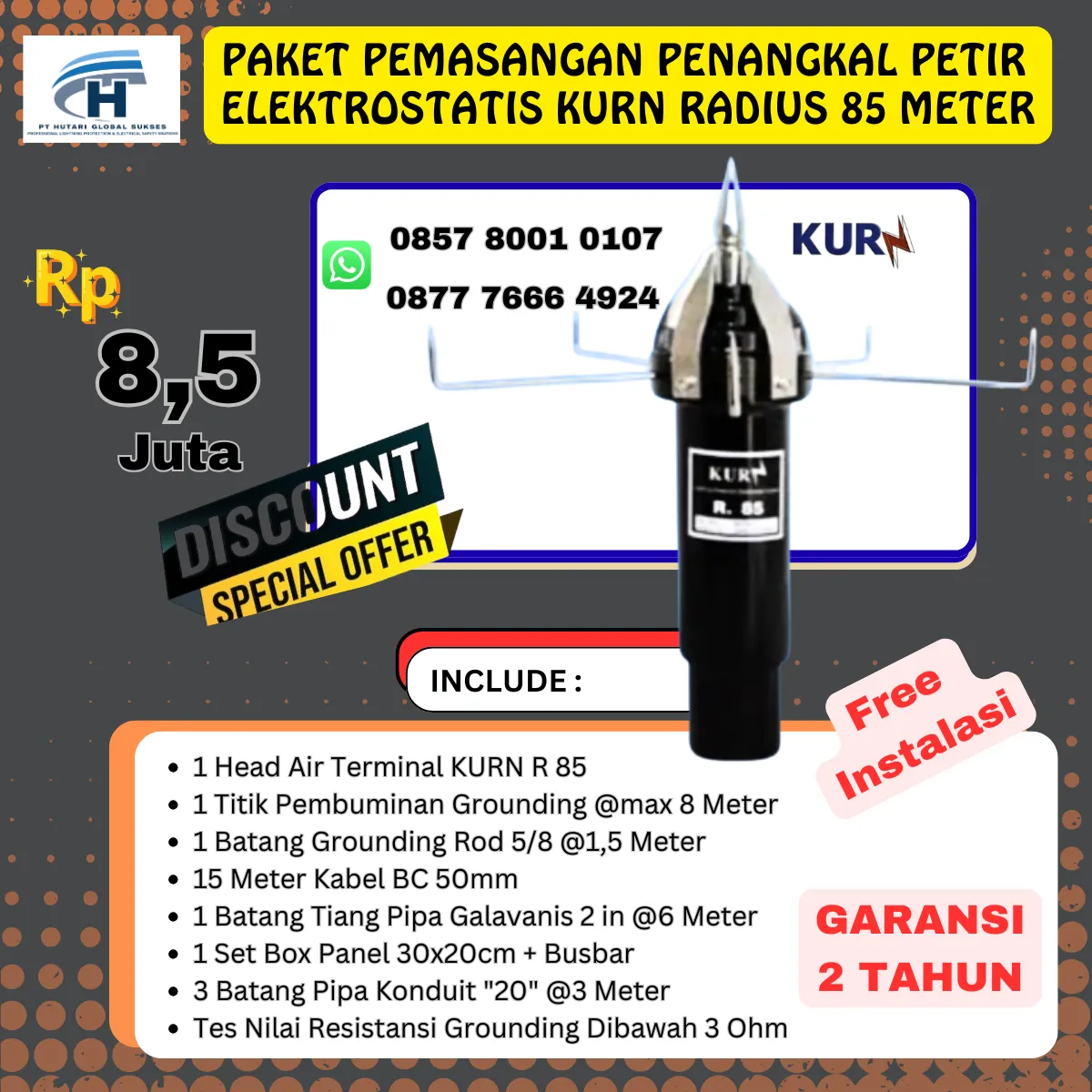 paket penangkal petir elektrostatis kurn radius 85 meter