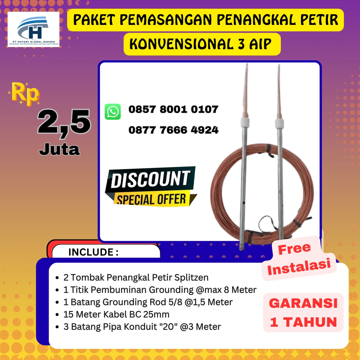 paket penangkal petir konvensional 2 tombak