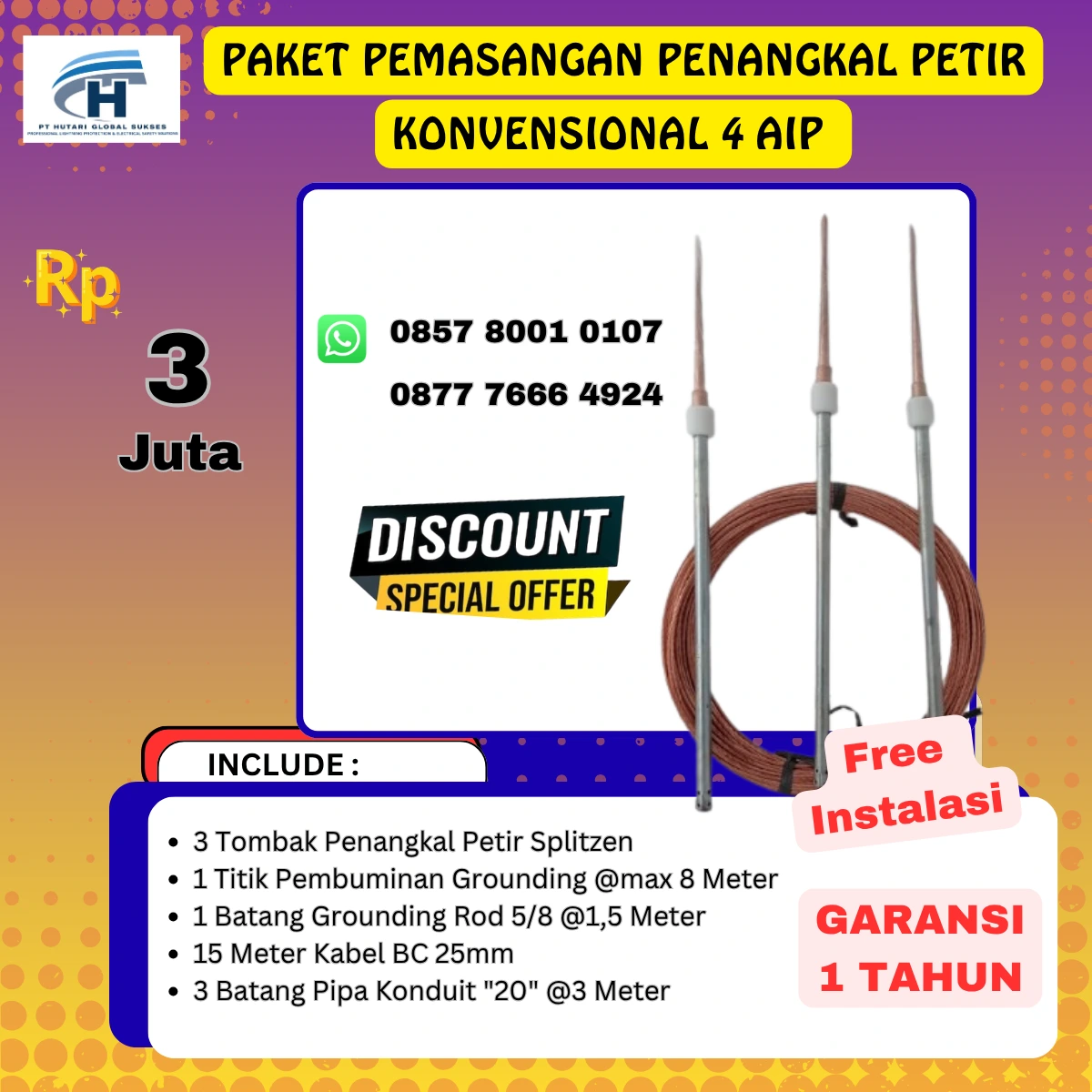 paket penangkal petir konvensional 3 tombak