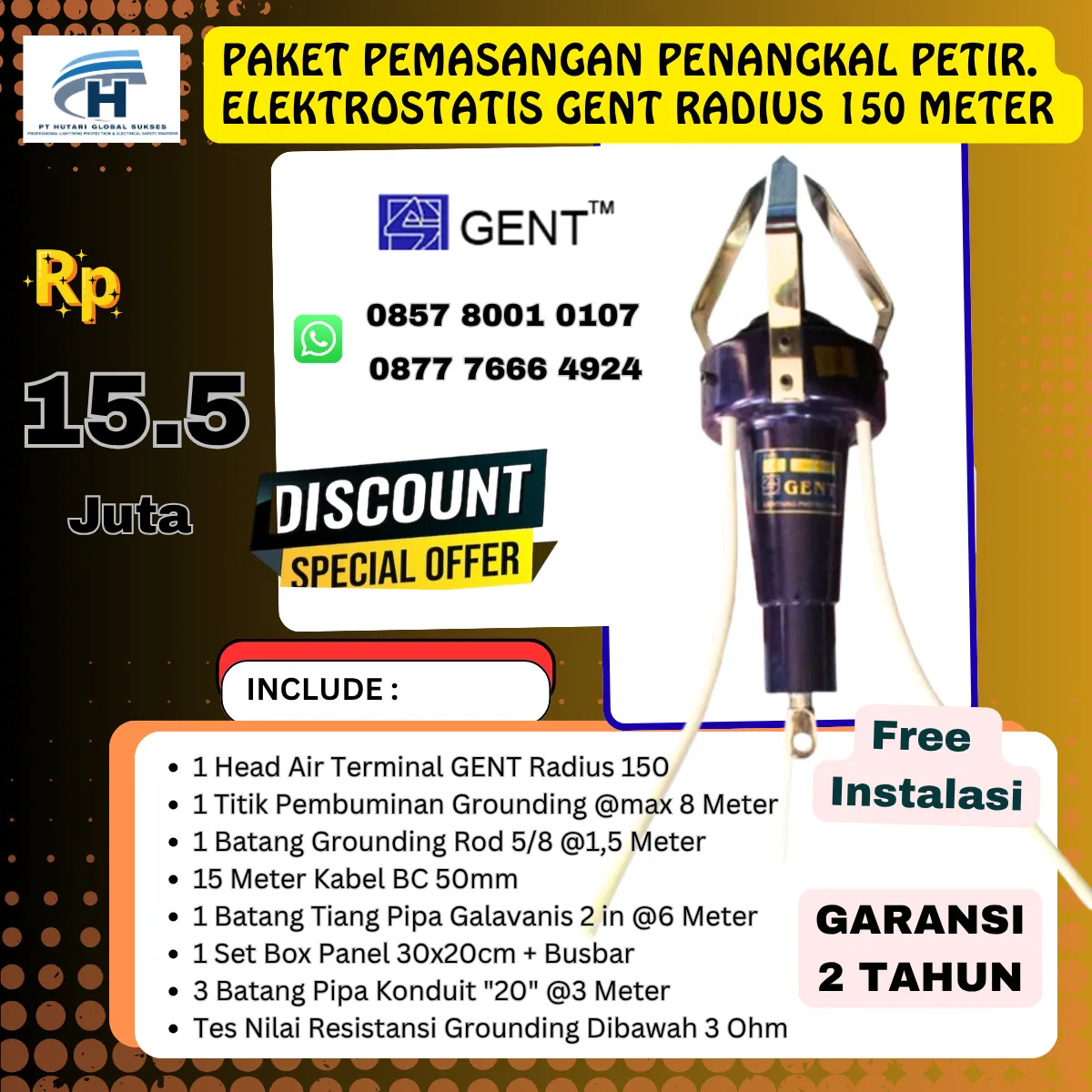 Paket penangkal petir elektrostatis gent radius 150 meter